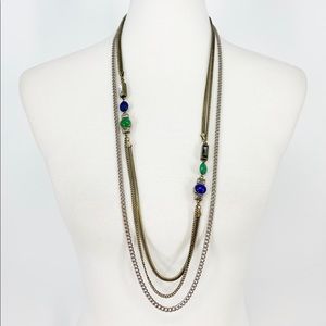Loft Long Layered Chain Necklace Blue Green Gemstone Mixed Metal Statement Boho